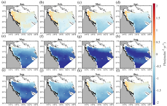 Fig2 Climatological Monthly Average Results of Sea-to-Air CO2 Flux in the Coral Sea based on the MeSAA Algorithm for the period 2006-2018