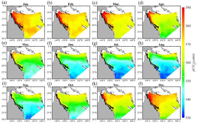 Fig1: Climatological Monthly Average Results of Sea Surface CO2 Partial Pressure in the Coral Sea based on the MeSAA Algorithm for the period 2006-2018