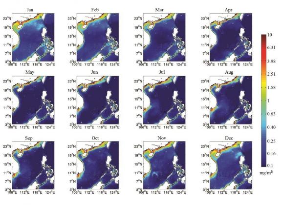 Fig 2 Climatological Monthly Average of Chlorophyll-a Concentration in the South China Sea (1998-2017)
