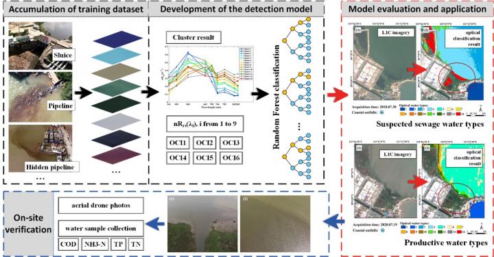 Fig. 1 Flowchart of the development of the detection model of suspected sewage discharge from coastal outfalls and demonstrations of model evaluation, application, and on-site verification.