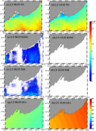 Fig1 : Rrs Product of GOCI in the 443 nm Band during the Twilight Period in the Northern Japan Sea on March 16, 2018. (a)(b) Inversion results of the Neural Network Atmospheric Correction Model; (c)(d) Inversion results of the KOSC Atmospheric Correction Model; (e)(f) Inversion results of the NIR Atmospheric Correction Model;(g)(h) Solar Zenith Angle during the Twilight Period.