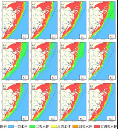 Fig.1 Monthly climatologic water quality compliance rate from 2011 to 2021 in near and offshore Zhejiang